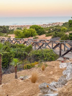 Sancti Petri, Cadiz, İspanya 'daki La Barrosa plajına erişim sağlayan kum tepeleri.