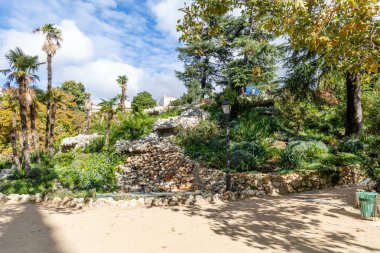 Madrid, İspanya - 10 Ekim 2024: Madrid, İspanya 'da sonbahar renkleriyle boyanmış ağaçlarla dolu Retiro Parkı