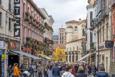Leon, İspanya - 02 Kasım 2024: İspanya 'nın Leon şehrinde tarihi merkezde Calle Ancha adında bir cadde hizaya gelen binalar