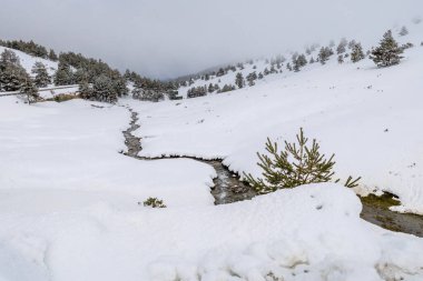 Mart 2025 kar yağışı sırasında Madrid 'deki Valdesqui kayak merkezinin çevresi.