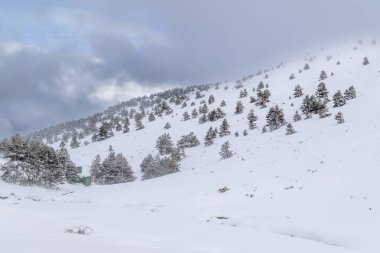 Mart 2025 kar yağışı sırasında Madrid 'deki Valdesqui kayak merkezinin çevresi.