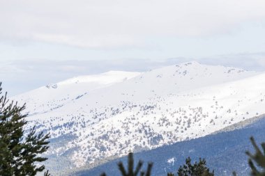 Mart 2025 'te Madrid' deki Sierra de Guadarrama dağları Navacerrada 'dan Puerto de Cotos' a giden yolda.