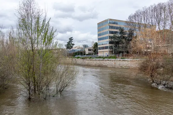 Manzanares Nehri, Madrid 'in bazı bölgelerinde Mart 2025' te yağan yağmurlar nedeniyle taşmak üzere.
