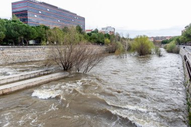 Madrid, İspanya - 20 Mart 2025: Manzanares Nehri, Madrid 'in bazı bölgelerinde Mart 2025' te yağan yağmurlar nedeniyle taşmak üzere.
