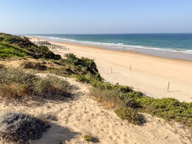 Sancti Petri, Cadiz, İspanya 'daki La Barrosa plajına erişim sağlayan kum tepeleri.