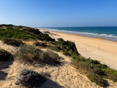 Sancti Petri, Cadiz, İspanya 'daki La Barrosa plajına erişim sağlayan kum tepeleri.