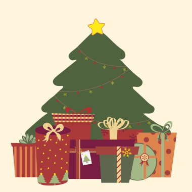 Düz stil vektör illüstrasyon noel ağacı hediye kutuları, süsleme balosu, yıldız ve kar tanesi.