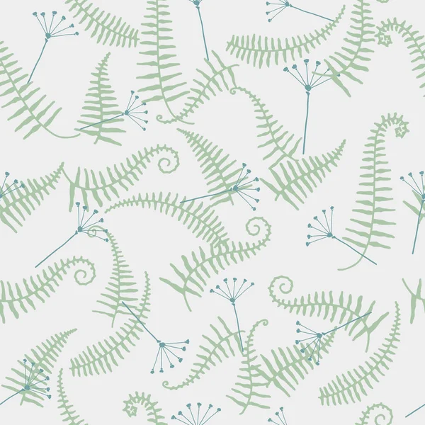 シームレスベクトルシダと草の花のパターン ベージュ色のトーンに緑と青 秋の冬の季節の背景 招待状結婚式カードポスター挨拶 — ストックベクタ