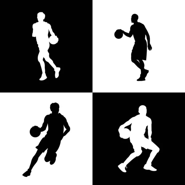 Silhuett Basketspelare Med Boll Dribbling — Stock vektor