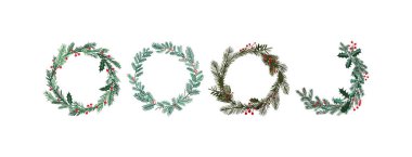 circular wreath pine branches and holly berries clipart