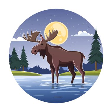 Moose Standing Quietly in a Moonlit River clipart