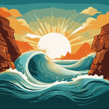 Sun kissed waves wrapping around hidden sea caves clipart