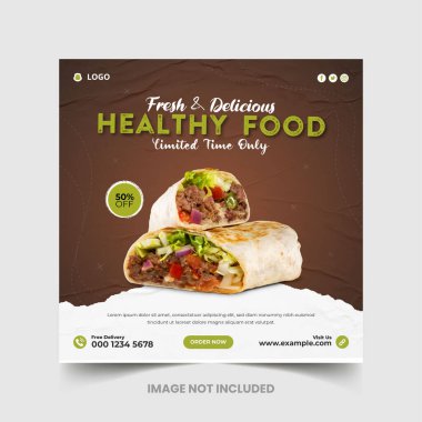 Sağlıklı yemek ve restoran menüsü sosyal medya paylaşımı ve kare web pankartı şablonu, Lezzetli tavuk ve restoran yemekleri menüsü sosyal medya postası ve web afişi 