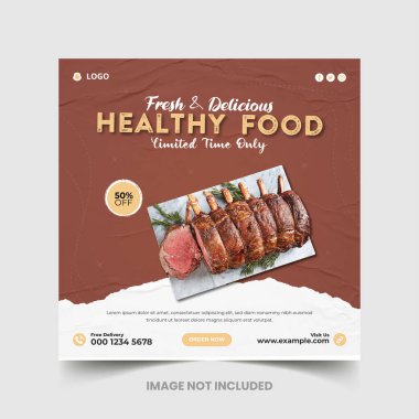 Sağlıklı yemek ve restoran menüsü sosyal medya paylaşımı ve kare web pankartı şablonu, Lezzetli tavuk ve restoran yemekleri menüsü sosyal medya postası ve web afişi 