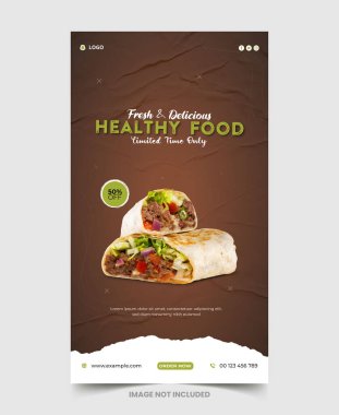 Gıda menüsü ve restoran Instagram ve Facebook hikaye şablonu, Gıda sosyal medya tanıtımı ve instagram afiş tasarım şablonu, Lezzetli tavuk ve restoran yemeği menüsü sosyal medya afişi 