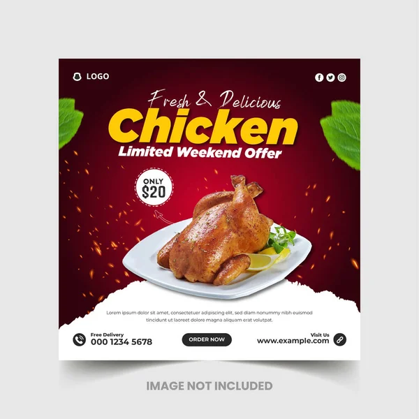 Sağlıklı yemek ve restoran menüsü sosyal medya paylaşımı ve kare web pankartı şablonu, Lezzetli tavuk ve restoran yemekleri menüsü sosyal medya postası ve web afişi 