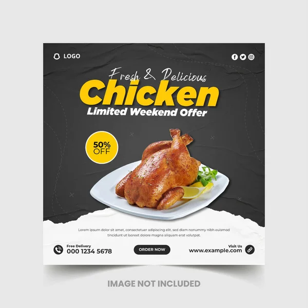 Sağlıklı yemek ve restoran menüsü sosyal medya paylaşımı ve kare web pankartı şablonu, Lezzetli tavuk ve restoran yemekleri menüsü sosyal medya postası ve web afişi 