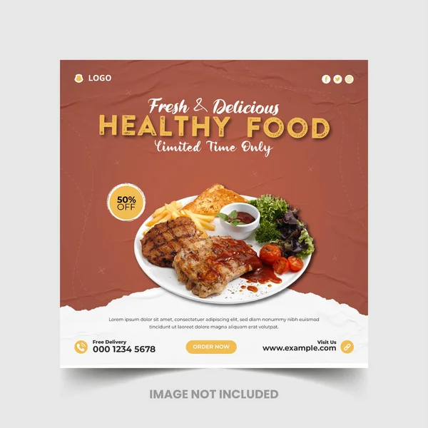 Sağlıklı yemek ve restoran menüsü sosyal medya paylaşımı ve kare web pankartı şablonu, Lezzetli tavuk ve restoran yemekleri menüsü sosyal medya postası ve web afişi 