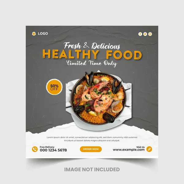 Sağlıklı yemek ve restoran menüsü sosyal medya paylaşımı ve kare web pankartı şablonu, Lezzetli tavuk ve restoran yemekleri menüsü sosyal medya postası ve web afişi 