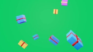 3D animasyon Noel hediye kutuları yavaşça düşüyor, 4k yeşil ekran animasyonu
