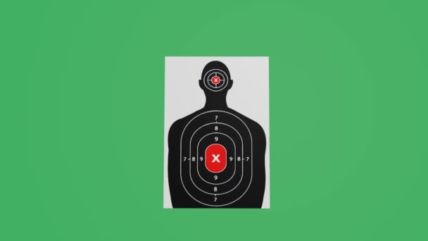 Objetivo Papel Disparo Pistola Silueta Humana Aparece Pantalla Verde Varias — Vídeo de stock