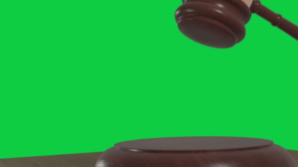 Крупный План Яркого Деревянного Молотка Судьи Анимация Зеленым Фоном — стоковое видео