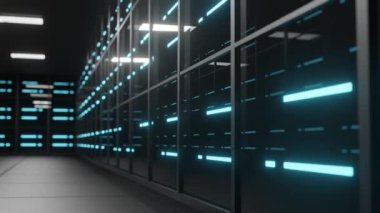 Askı sunucularının 4k detayları, 3D veri merkezi animasyonu, kamera yukarı doğru hareket ediyor