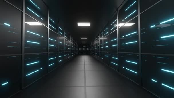 数据中心未来主义房间 4K机架服务器3D动画 宽娃娃射击 — 图库视频影像