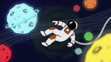 Loopable cartoon astronaut flying in space, surrounded by colorful planets, 4k 2D animation, green screen included