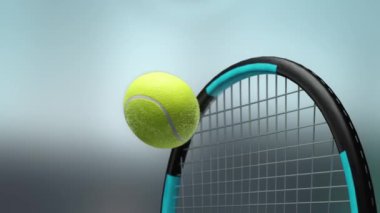4k tenis raketi yavaş çekimde eziliyor, 3 boyutlu animasyon ayrıntıları ve bulanık arka planlar.