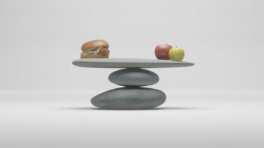 Ivır zıvır yiyecekler sağlıklı gıda konseptine karşı, yüksek kalorili hamburger mükemmel dengelenmiş taşların üzerinde duran iki elmayla dengelenmiş. 4k 3B yaşam tarzı canlandırması