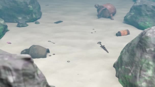 古代の短剣から現代のスマートフォンまで 海の底に捨てられたさまざまな人工物環境汚染問題4K 3Dアニメーション — ストック動画
