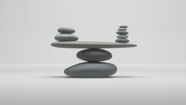完全にバランスの取れた石はわずかに白い背景に傾斜します Zen 3Dアニメーション — ストック動画