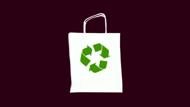 Saco Compras Cai Reciclar Logotipo Aparece Começa Girar Reutilizar Reciclar — Vídeo de Stock