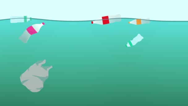 Oceans polluted with plastic bottles and other non biodegradable waste, microplastics dangers, 4k 2D animation