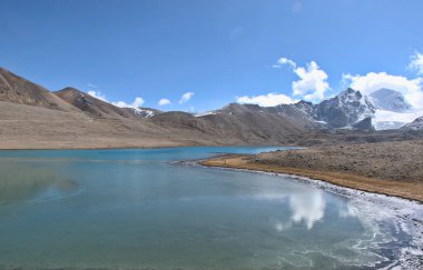 Panoramic landscape view of beautiful Gurudongmar Lake, one of the highest lakes in the world and India (5430m). It is a famous tourist attraction, located in Mangan, North Sikkim, India