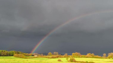Bereketli yeşil tarlaların ve sonbahar renklerinde ağaçların üzerinde fırtınalı bir gökyüzünde nefes kesici bir gökkuşağı beliriyor. Sakin ama dramatik, seyahat ve tatil videolarında görkemli gösteriş için mükemmel.