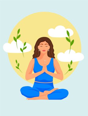 Yoga yapan bir kadın. Yoga dersi için kavramsal illüstrasyon. Yoga stüdyosu için poster. Moda vektör illüstrasyonu. Yoga Poz 'daki genç kadın. Yaratıcı poster. Arka planda bulutlar ve bitkiler var. Yoga yapan kız. Minimalist vektör düz illüstrasyon.