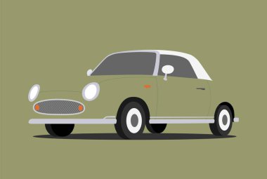 Gradyan ve efektsiz basit renkler içeren Retro araba vektör şablonu. Retro araba vektör çizimi poster ve yazdırma olarak kullanılabilir.