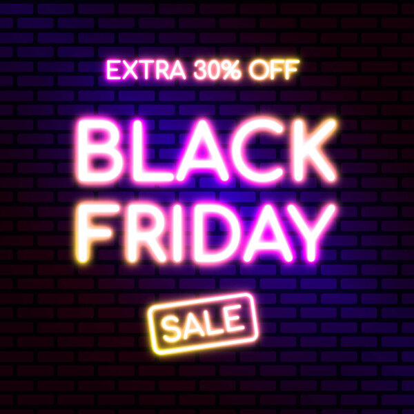 Black Friday design in fashionable neon style for advertising, banners, leaflets and flyers. Text is in pink and yellow colors. On brick wall background. Vector illustration.