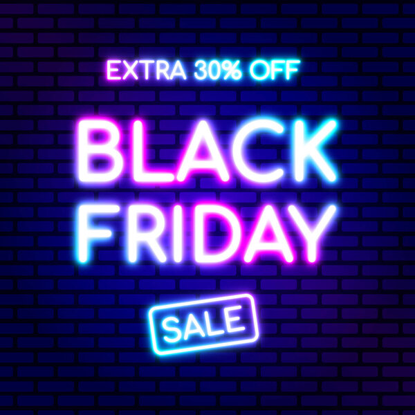 Black Friday design in fashionable neon style for advertising, banners, leaflets and flyers. Text is in pink and blue color. On brick wall background. Vector illustration.