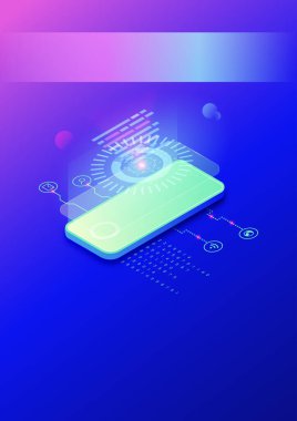 İş grafiği ve izometrik cep telefonunun analitik verileri olan akıllı telefonun el ilanı. Akıllı telefon teknolojisi, ağ bağlantısı vektör illüstrasyonu.