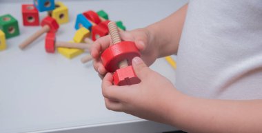 Tasarımcının montajı için tahta parçalar. Çocuk odası oyuncakçısıyla oynuyor. Anaokulu oyunları.