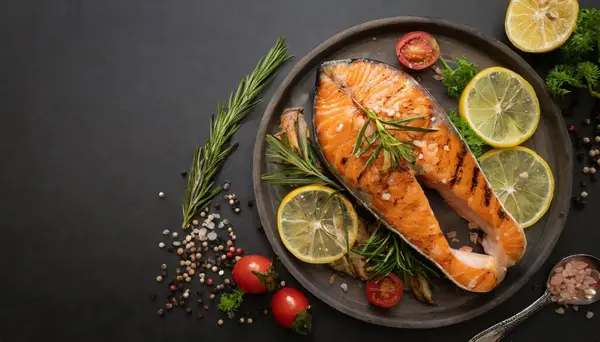 Siyah arka planda ızgara somon bifteği ve limon ve şifalı bitkiler.