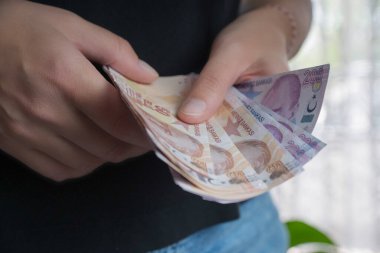 Kağıt para sayan bir el resmi. Ekonomi kavramı