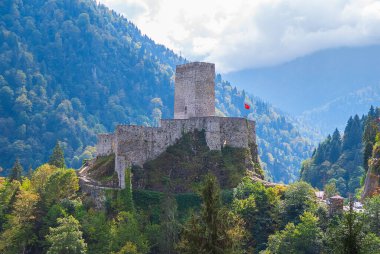 Taştan bir kulesi ve duvarları olan, yemyeşil ve ağaçlarla çevrili antik bir kale, dağlık bir bölgedeki kayalık bir tepede yer almaktadır. Kale taştan yapılmıştır ve kulenin tepesinde kırmızı bir bayrak dalgalanmaktadır..