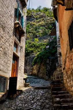 Karadağ 'ın Kotor kentinde, canlı yeşil kapısı ve çiçek aksanıyla kırsal mimari sergilenen büyüleyici bir geleneksel taş ev. Bu yapı şehrin özünü ve tarihsel özünü yansıtır..