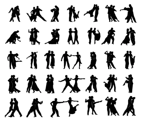 Колекція Чорних Силуетів Чоловіка Жінки Танцює Танго Тіні Символів — стоковий вектор