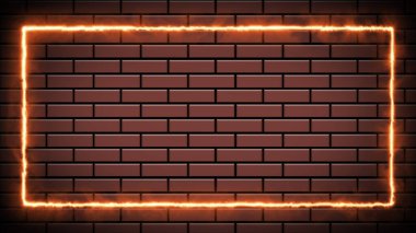 Tuğla duvarda turuncu renkli yanan neon ışıklı tabela animasyonu, gece kulübü retro tarzı, düzenlenebilir boş dikdörtgen ışıklı çizgi animasyonu, hareket grafikleri.