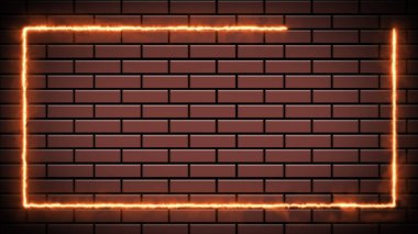 Tuğla duvarda turuncu renkli yanan neon ışıklı tabela animasyonu, gece kulübü retro tarzı, düzenlenebilir boş dikdörtgen ışıklı çizgi animasyonu, hareket grafikleri.